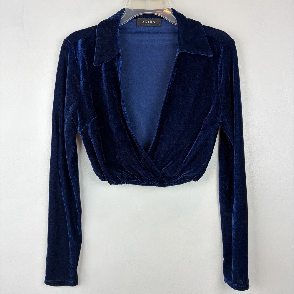 Akira Velvet Top Womens Small Blue Cropped Blouse Faux Wrap Dark Romantic